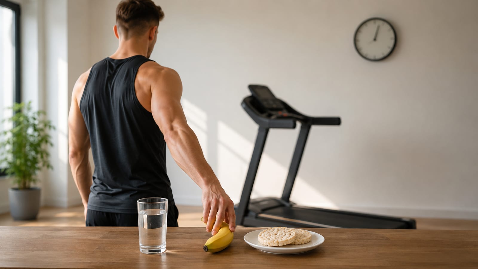 Runner timing a small pre-workout snack before an intense indoor training session