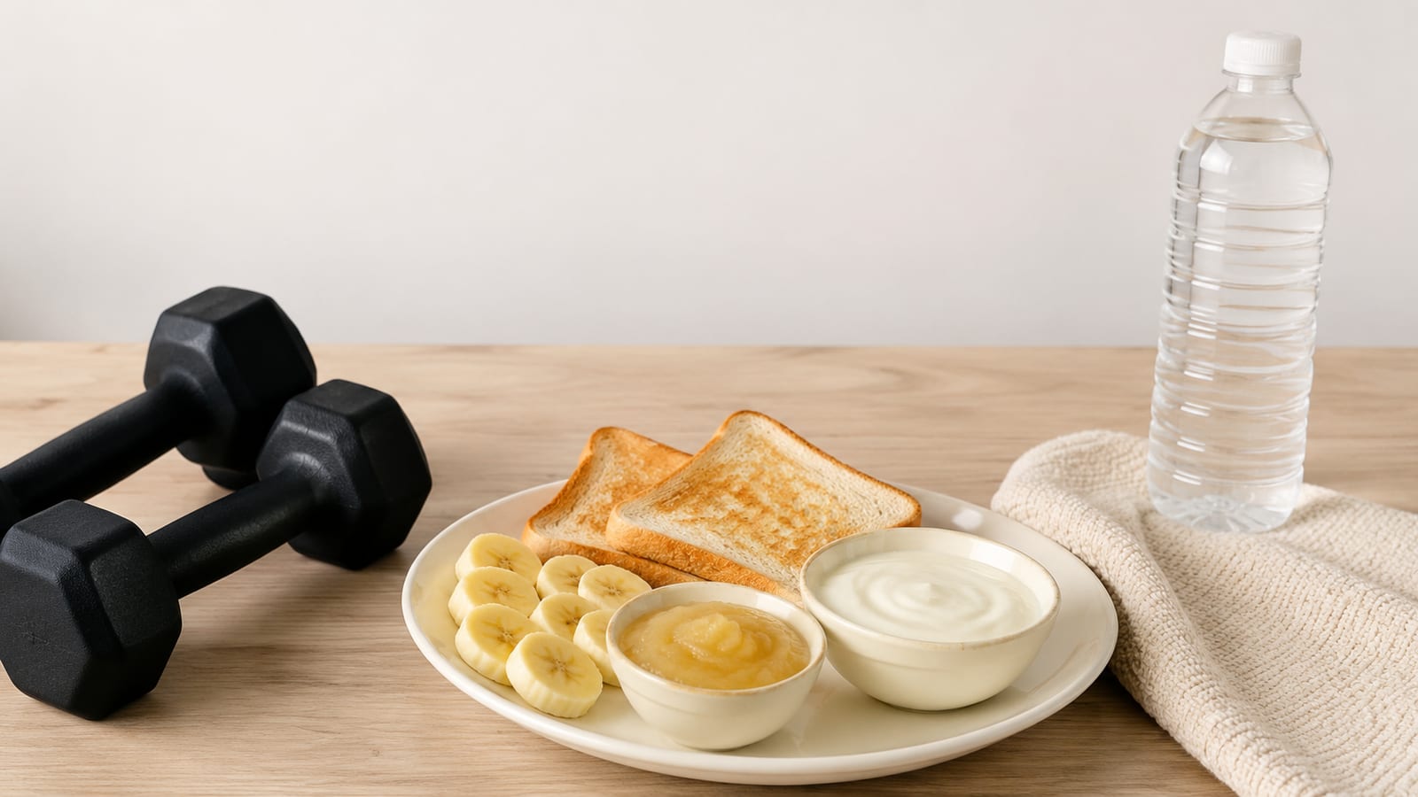 Simple fast-digesting foods arranged beside resistance training equipment before exercise
