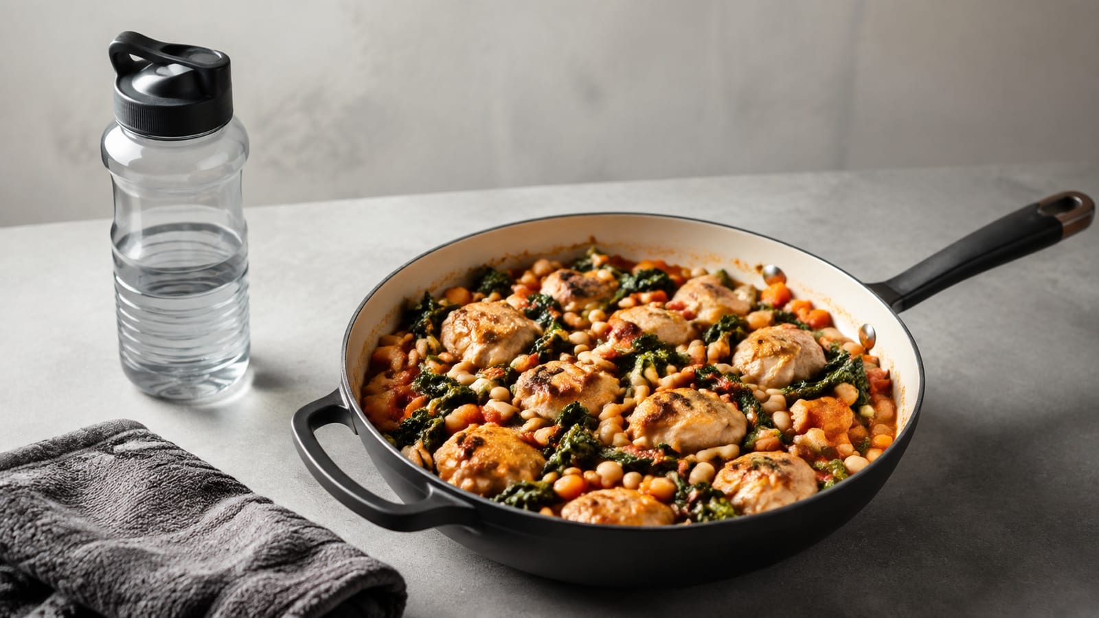 One-pot high-protein chicken, beans, and vegetables served beside a reusable water bottle