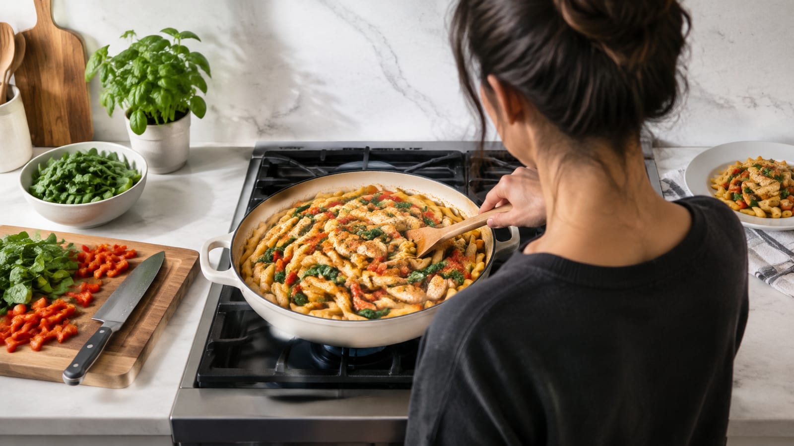 Athlete stirring a colorful chicken pasta skillet during quick weeknight meal preparation