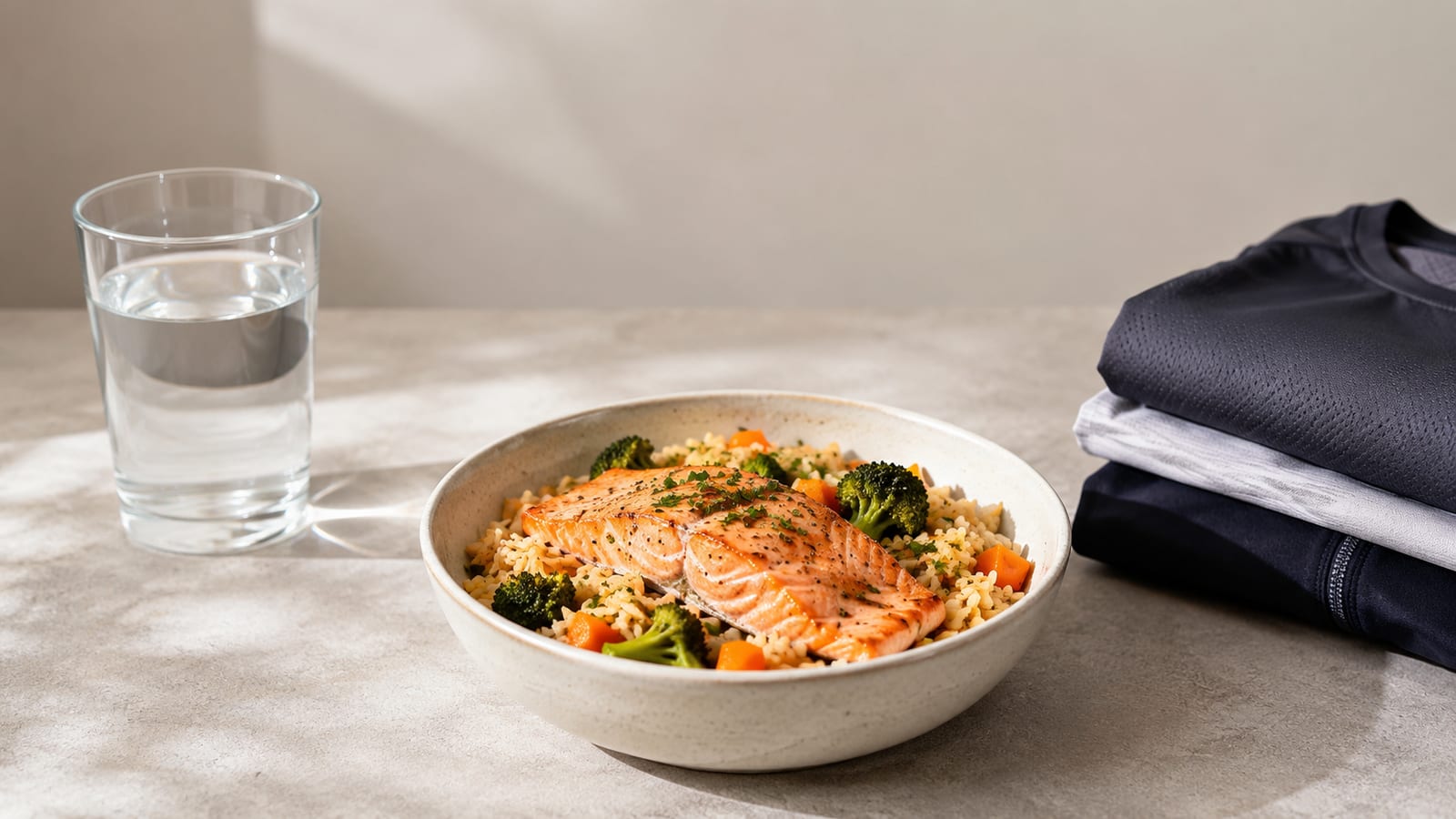 One-pot salmon, rice, and vegetables paired with simple post-workout recovery essentials