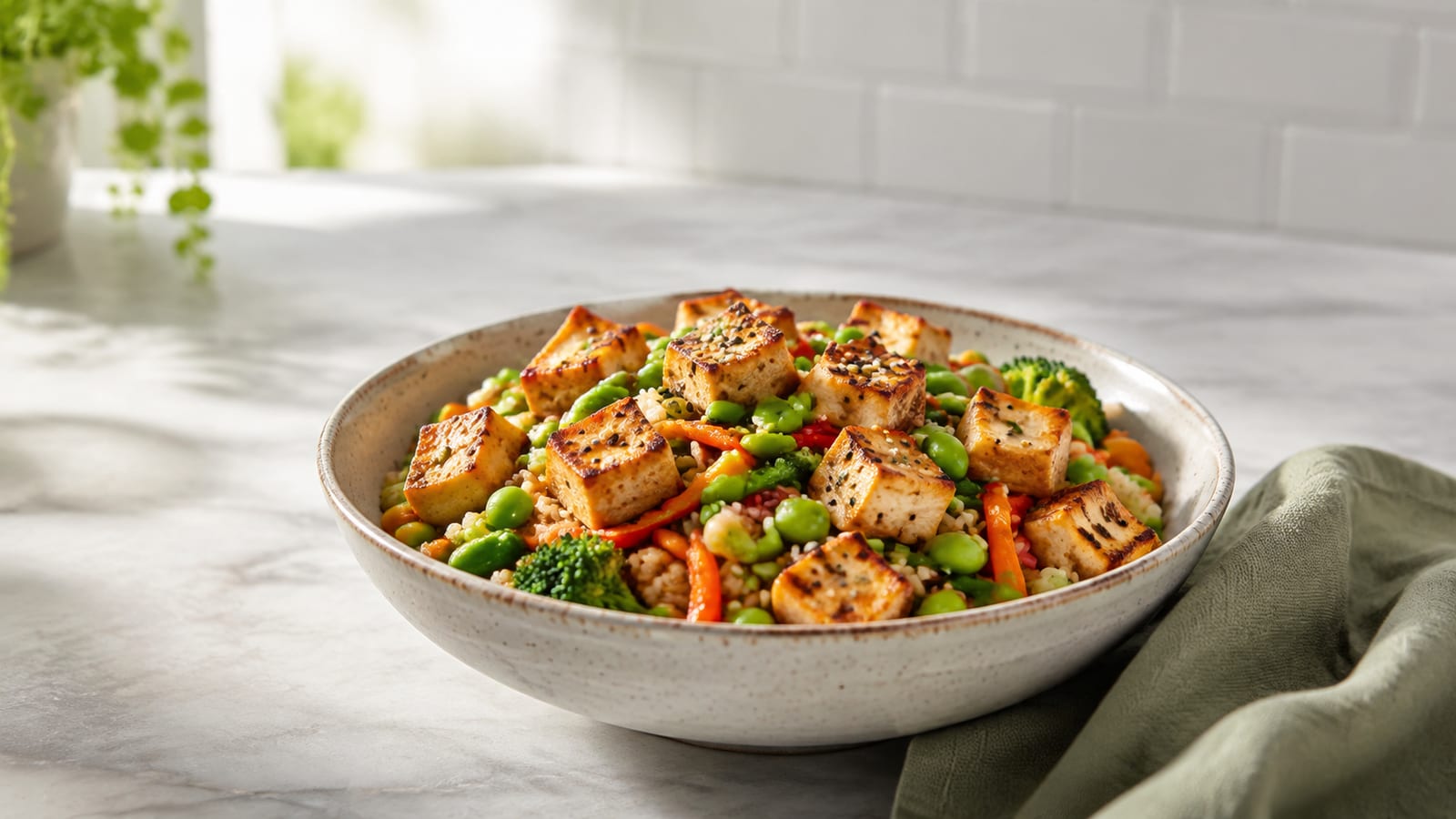 Tofu and edamame rice skillet topped with vegetables for plant-based athletic nutrition