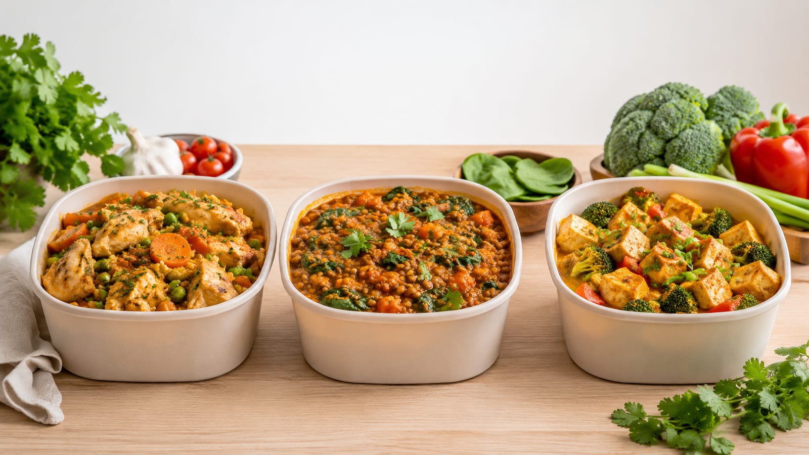 Three unlabeled high-protein one-pot meals arranged for an active weekly meal rotation