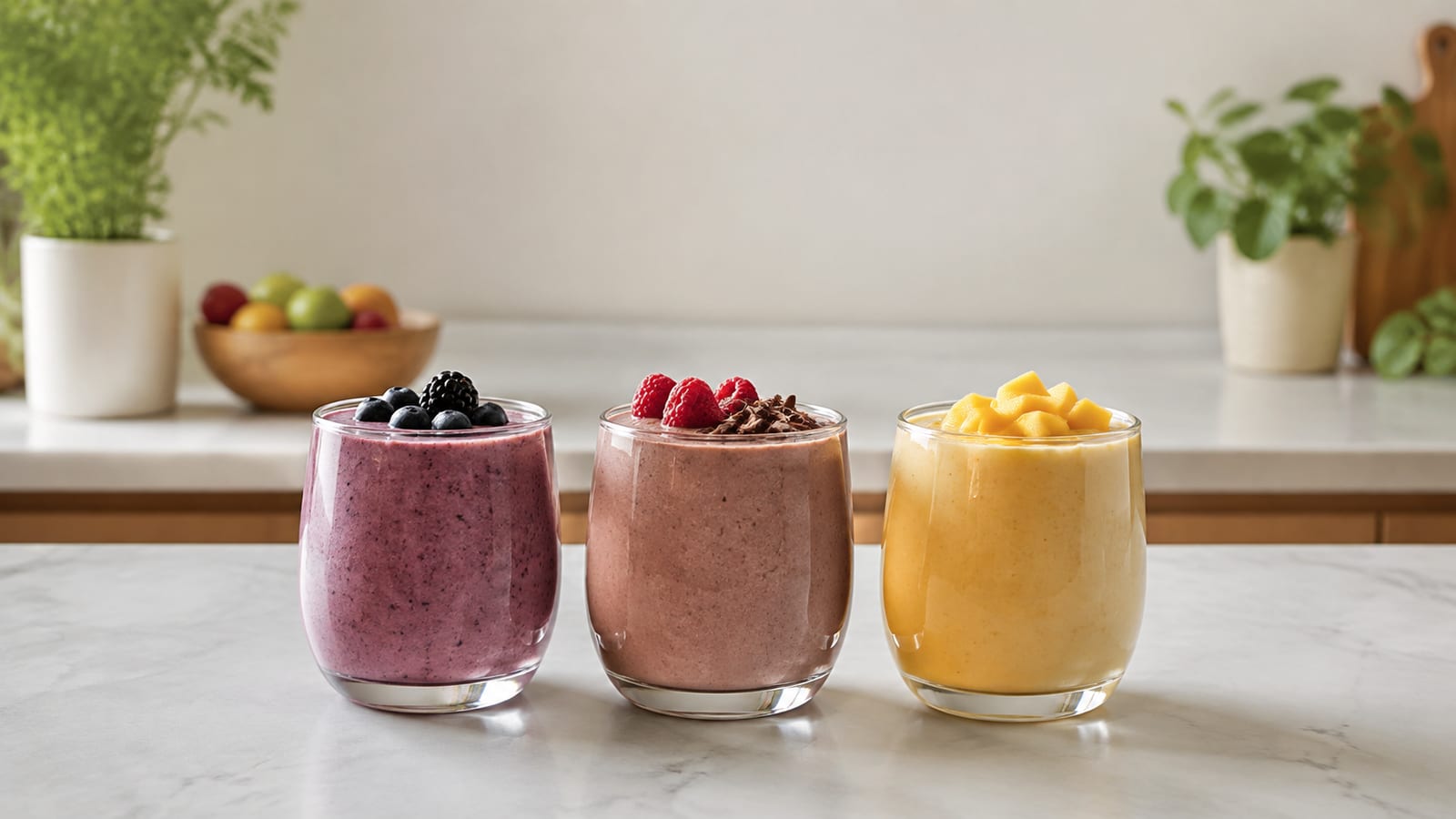 Three colorful high-protein vegan smoothies with tofu, berries, oats, and tropical fruit on kitchen counter