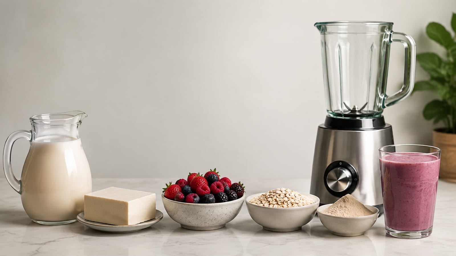 Plant-based smoothie ingredients, soy milk, silken tofu, berries, oats, and protein powder arranged beside blender