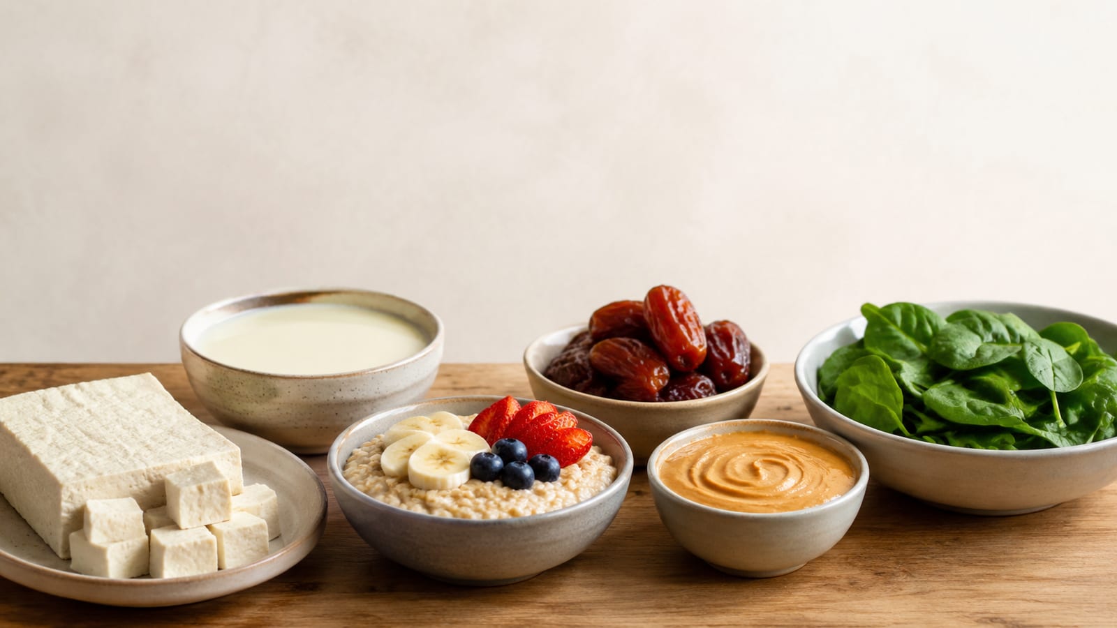 Smoothie ingredients grouped by protein, carbohydrates, fats, and flavor in kitchen bowls