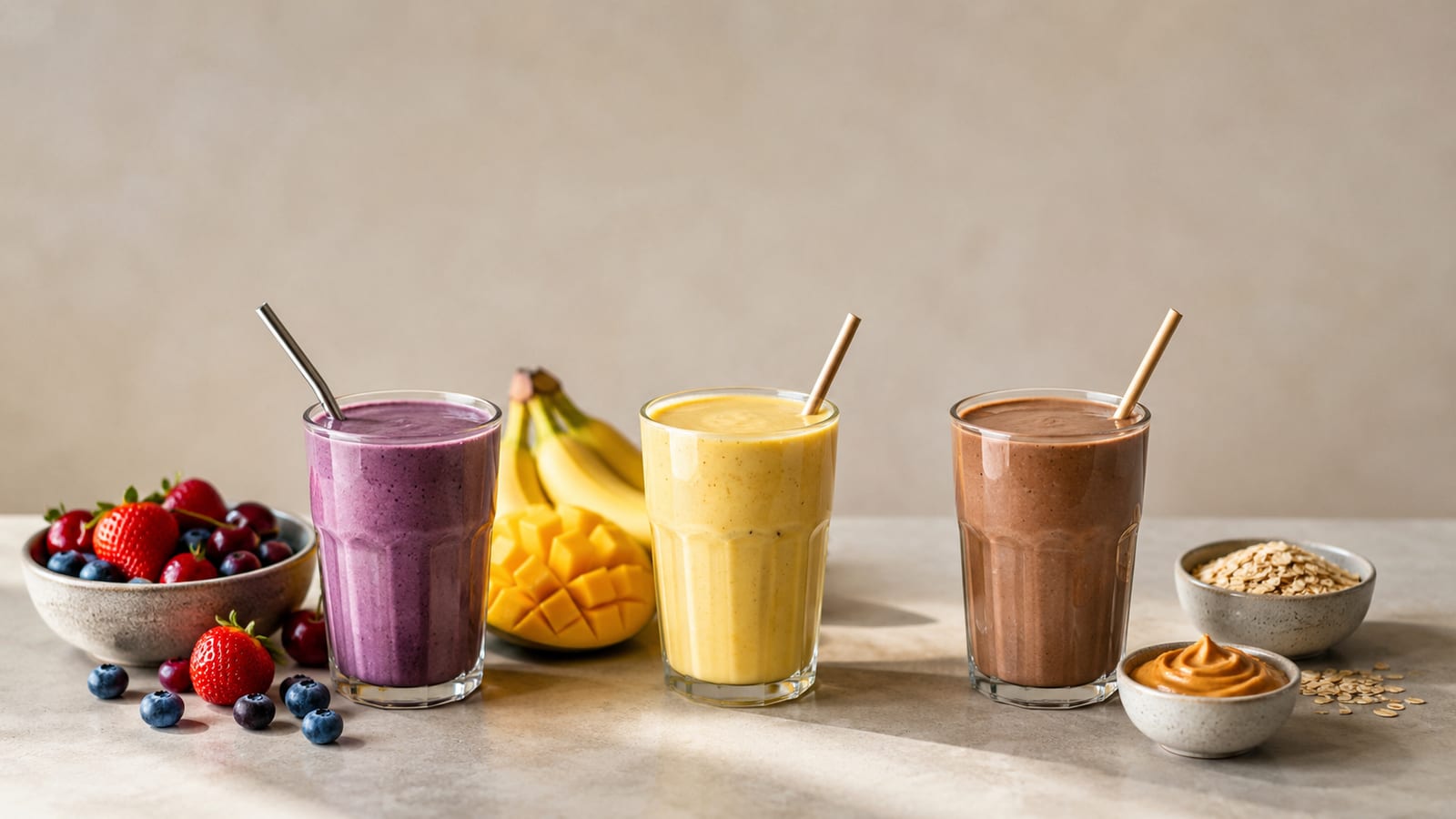 Assorted vegan protein smoothies surrounded by bananas, mango, berries, peanut butter, and oats