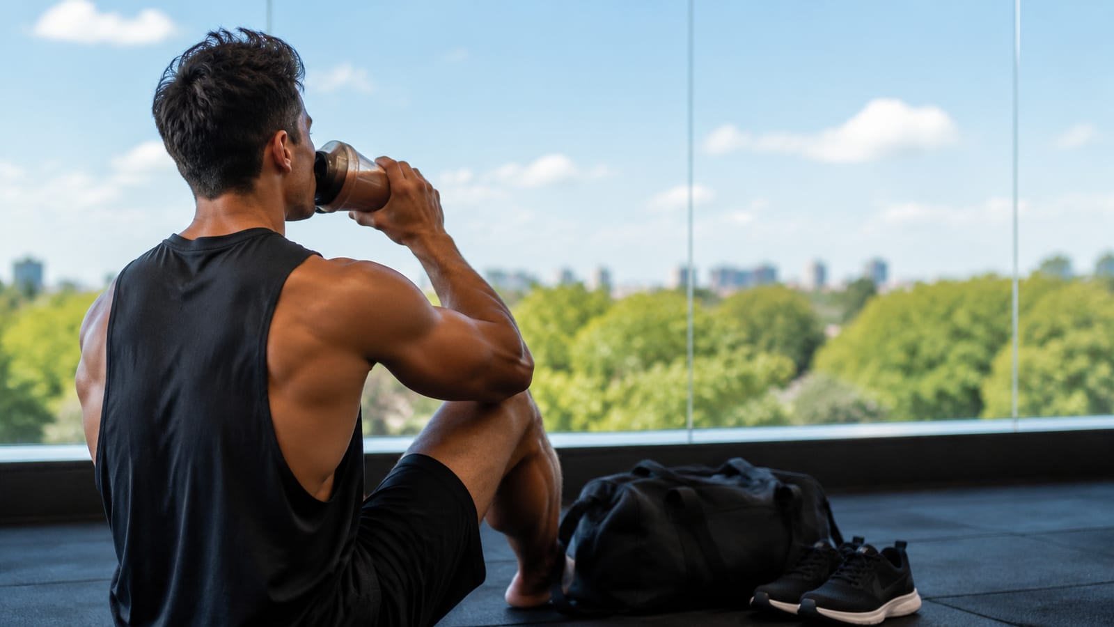 Athlete seen from behind drinking chocolate oat protein smoothie beside gym bag and running shoes
