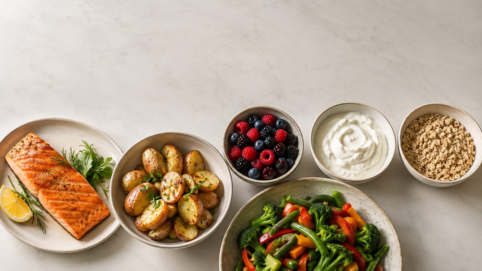 High-protein recovery meal with salmon, potatoes, berries, yogurt, and colorful vegetables