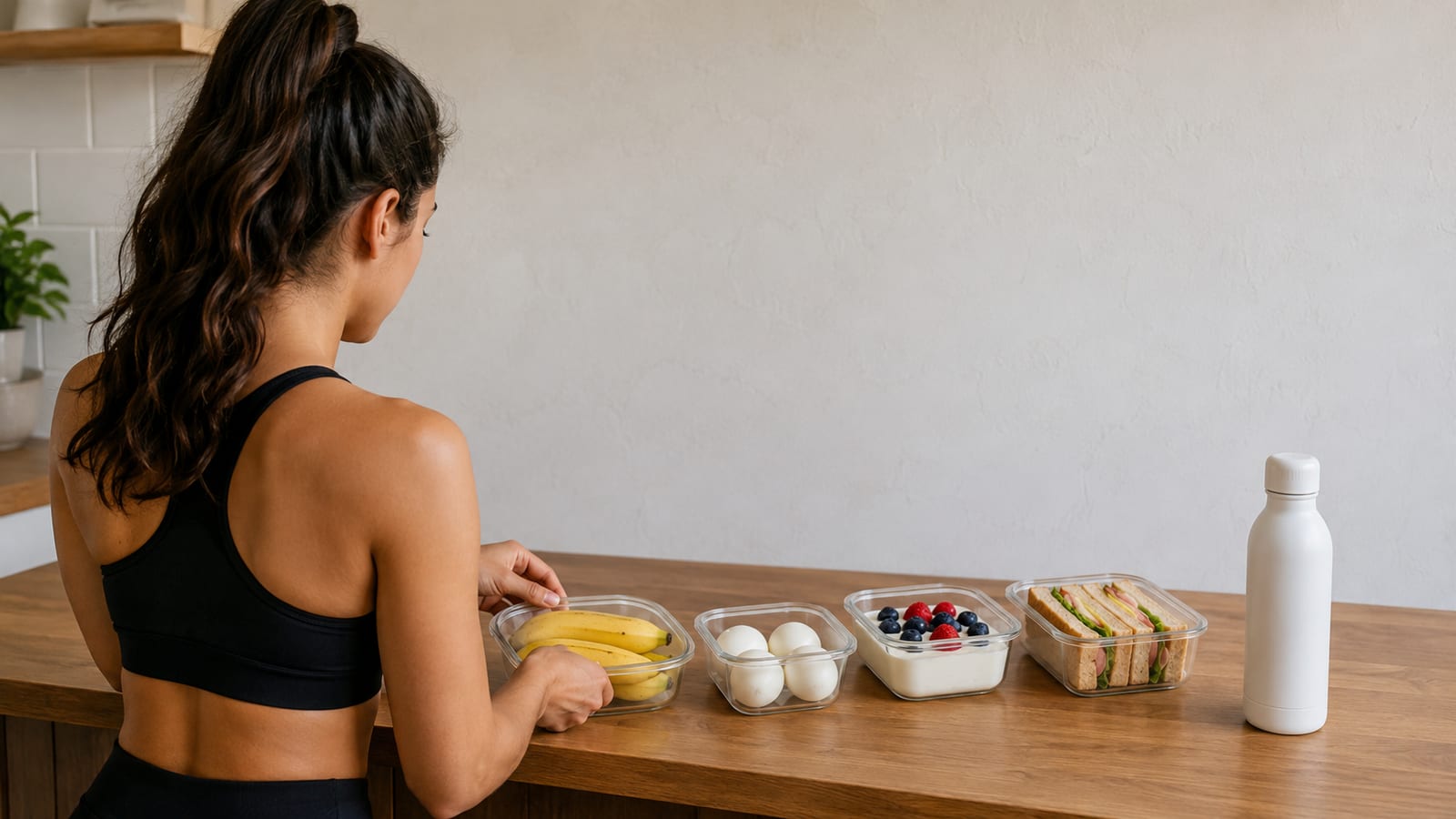 Busy athlete arranging portable recovery foods beside a plain water bottle after training