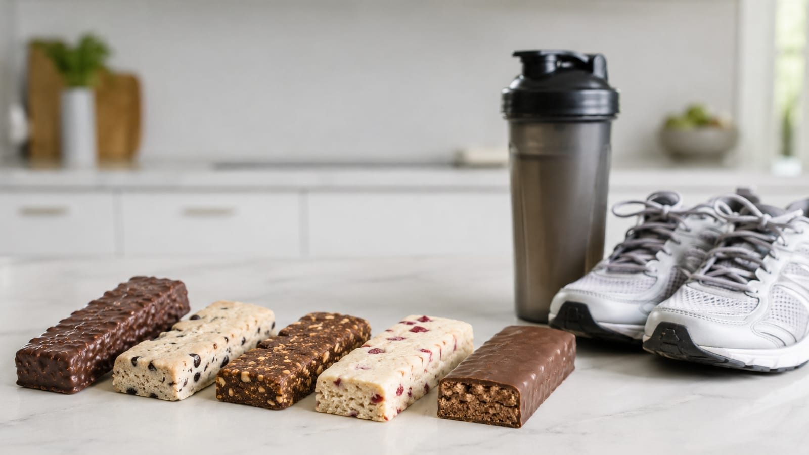 Assorted protein bars beside a shaker bottle and running shoes on a clean kitchen counter