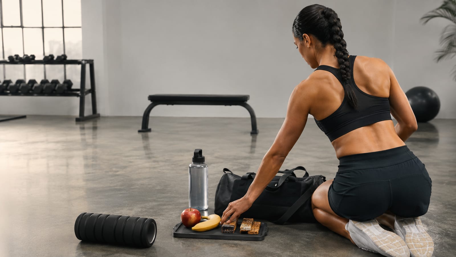 Athlete arranging protein bars, fruit, and water beside gym gear before training