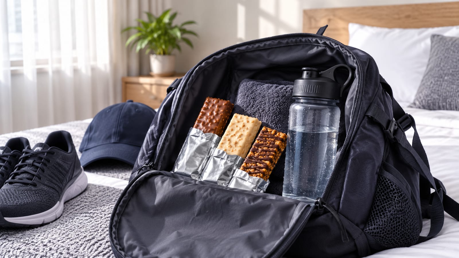 Unwrapped protein bars and water packed inside an open athletic backpack for travel