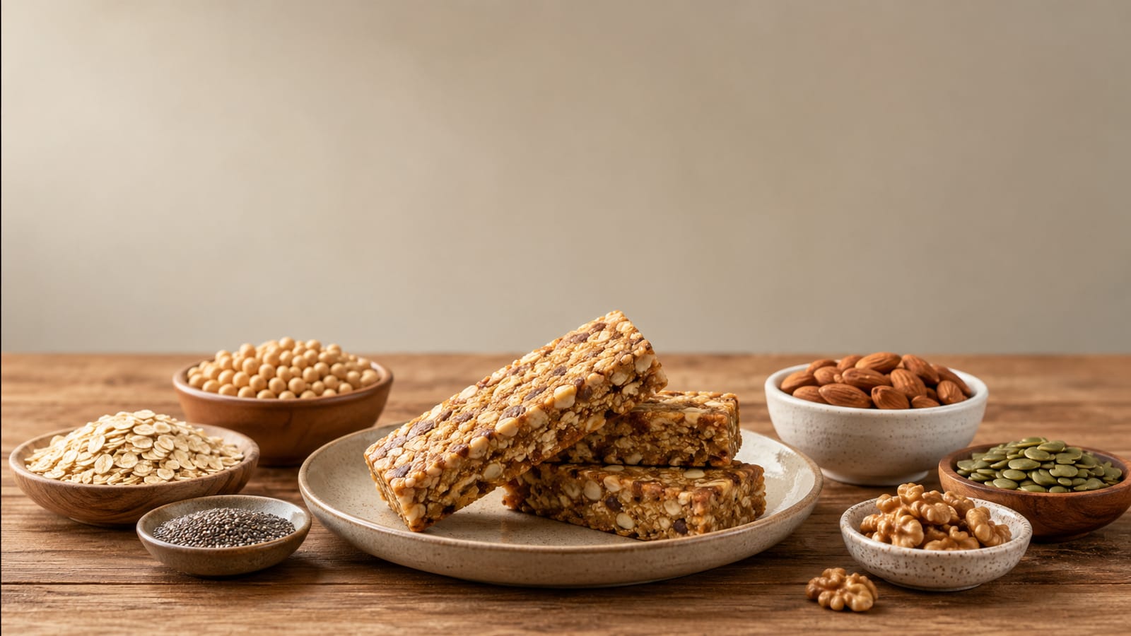 Plant-based protein bars with nuts, seeds, oats, and soybeans on a wooden table