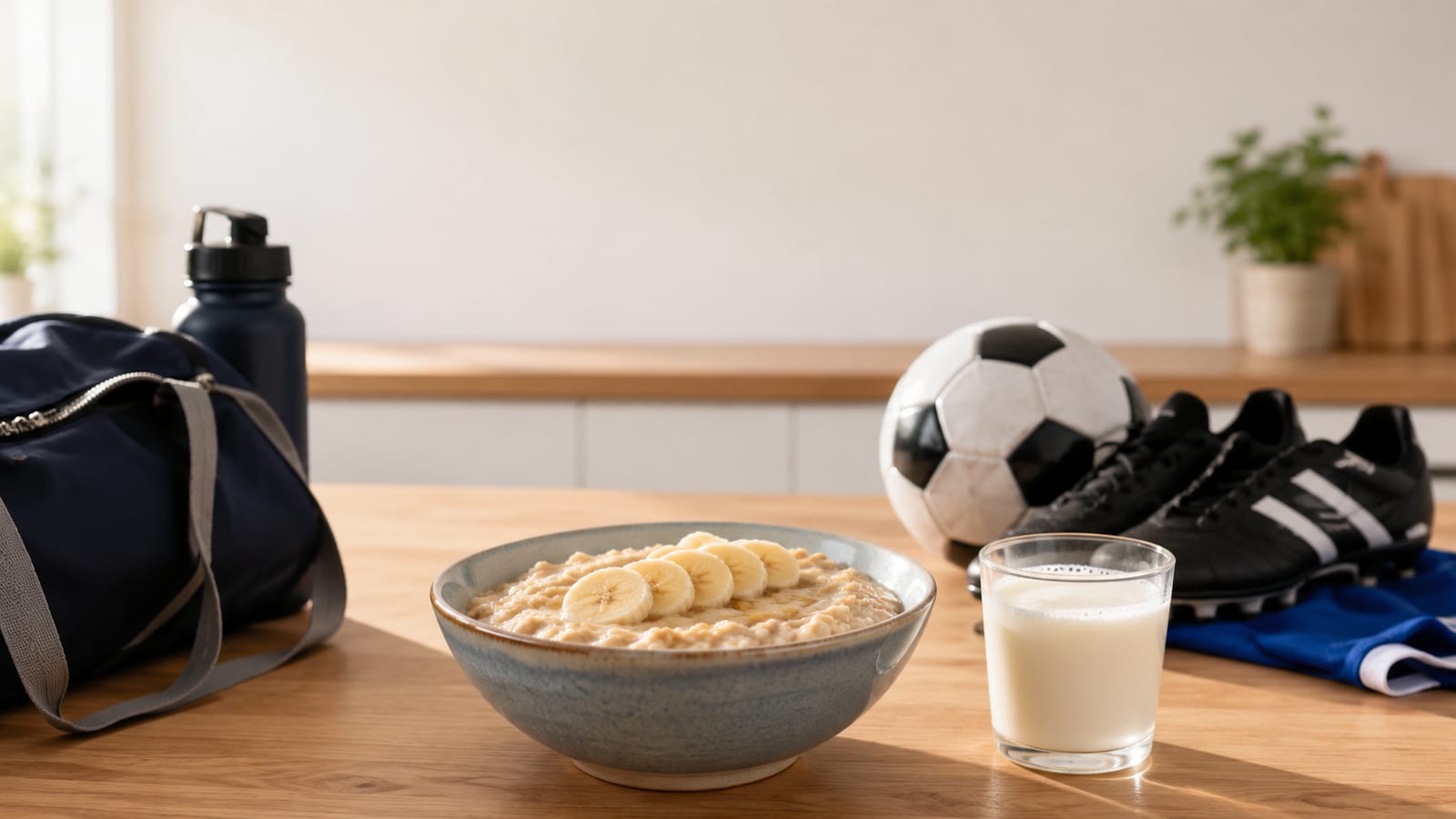 Teen athlete preparing a balanced oatmeal, banana, and milk meal before training