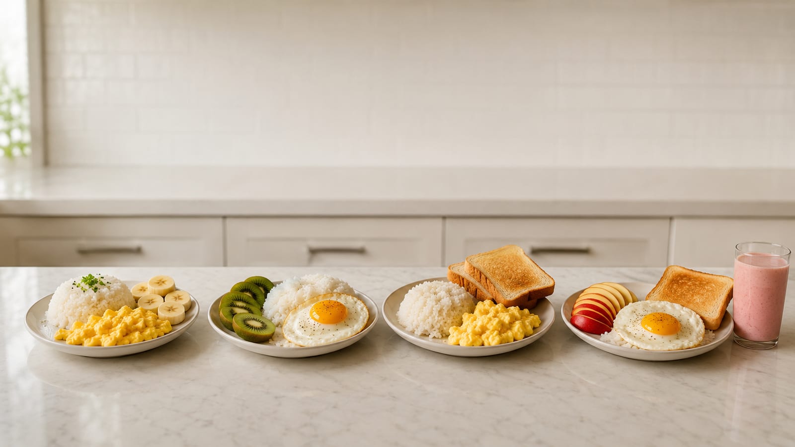 Unlabeled plates of rice, eggs, fruit, and toast arranged beside youth sports equipment