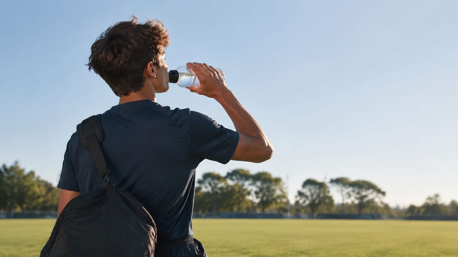 Youth athlete sipping water beside a packed practice bag in a bright kitchen