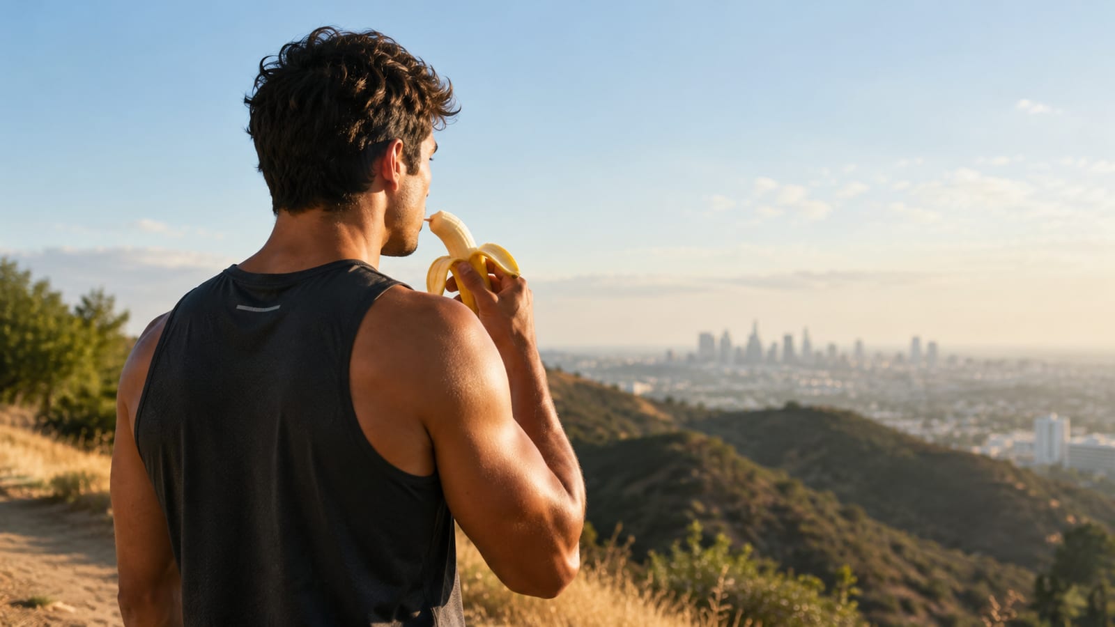 athlete seen from behind eating a banana for quick pre-workout energy