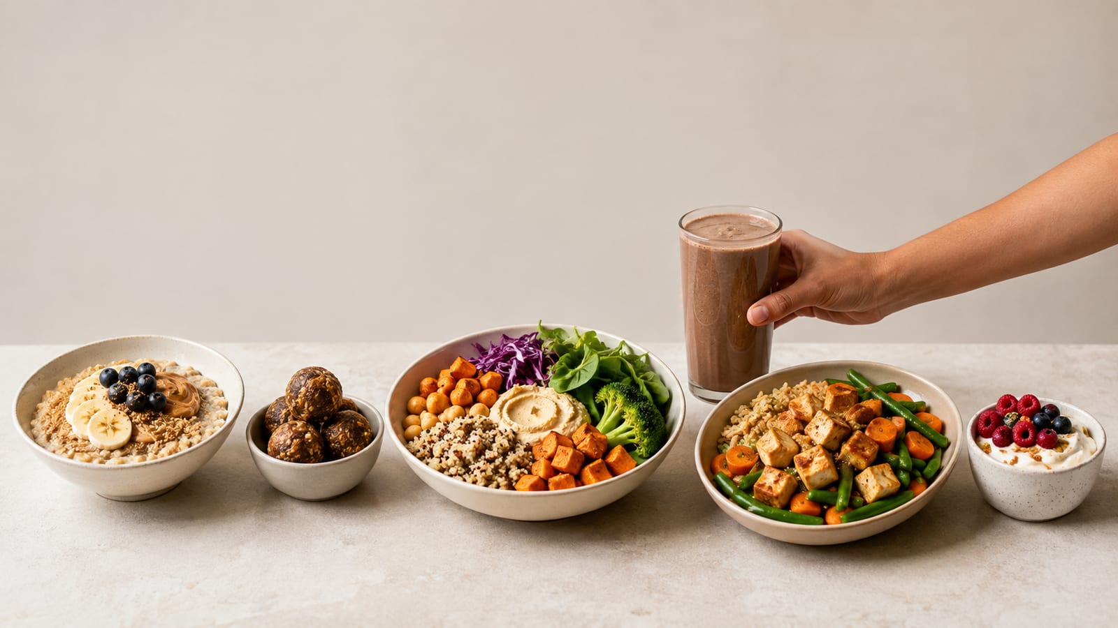 Balanced vegetarian meals arranged across a kitchen table for an active training day