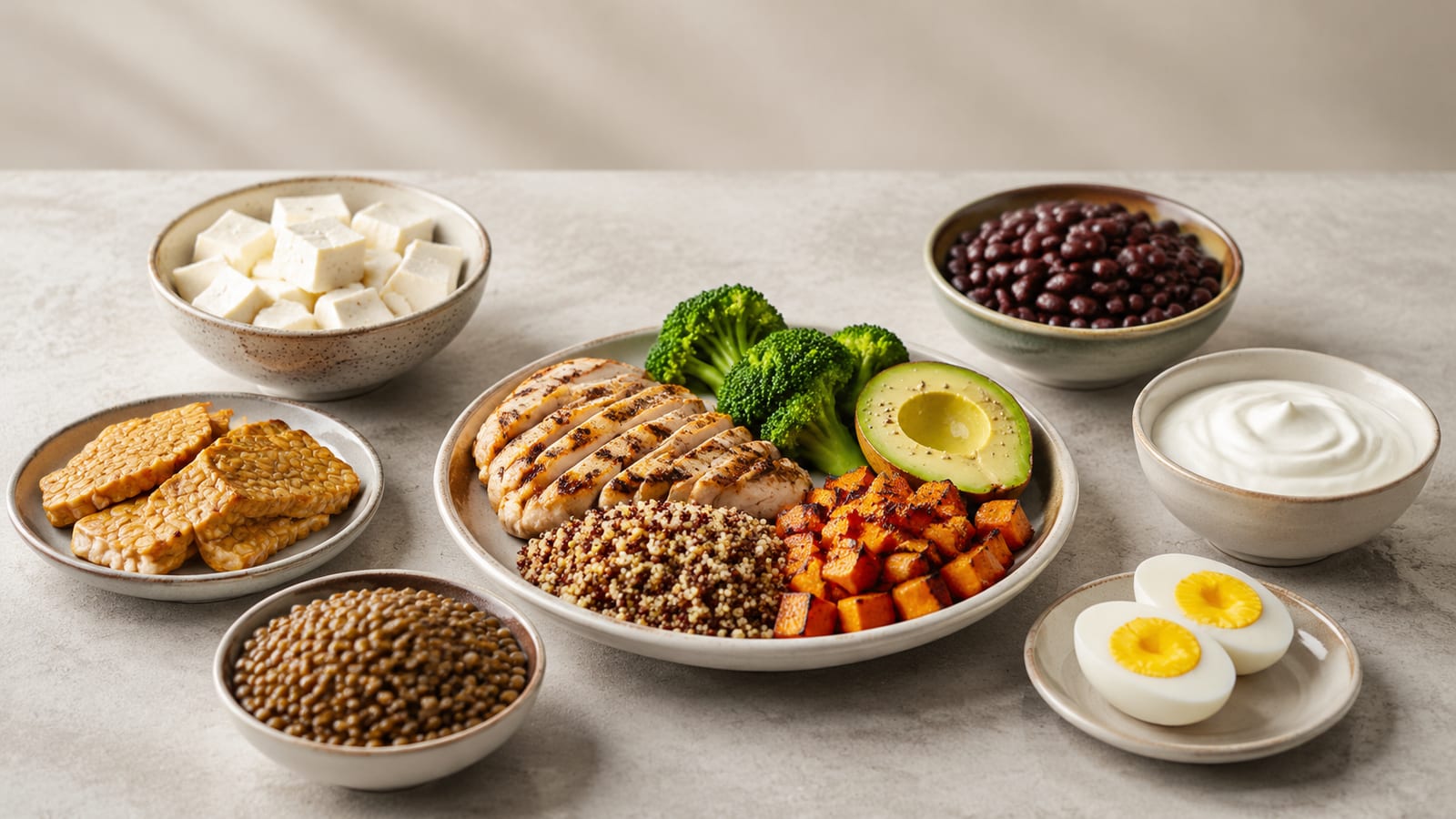 Vegetarian protein sources arranged beside a training meal for athletic recovery and muscle support