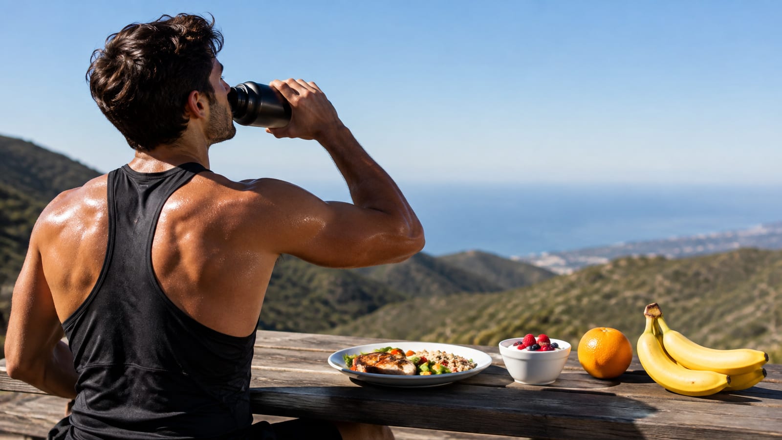 Athlete refueling with water and electrolyte-rich foods beside workout clothing and running shoes