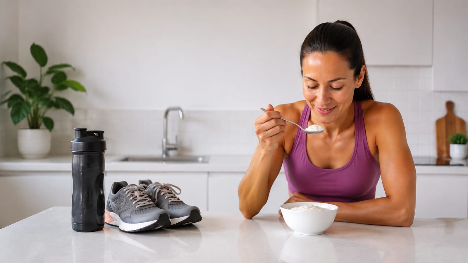 Athlete eating Greek yogurt beside running shoes before a moderate indoor workout