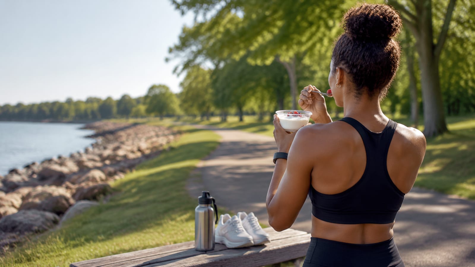 Runner testing a small yogurt snack beside a quiet outdoor running path