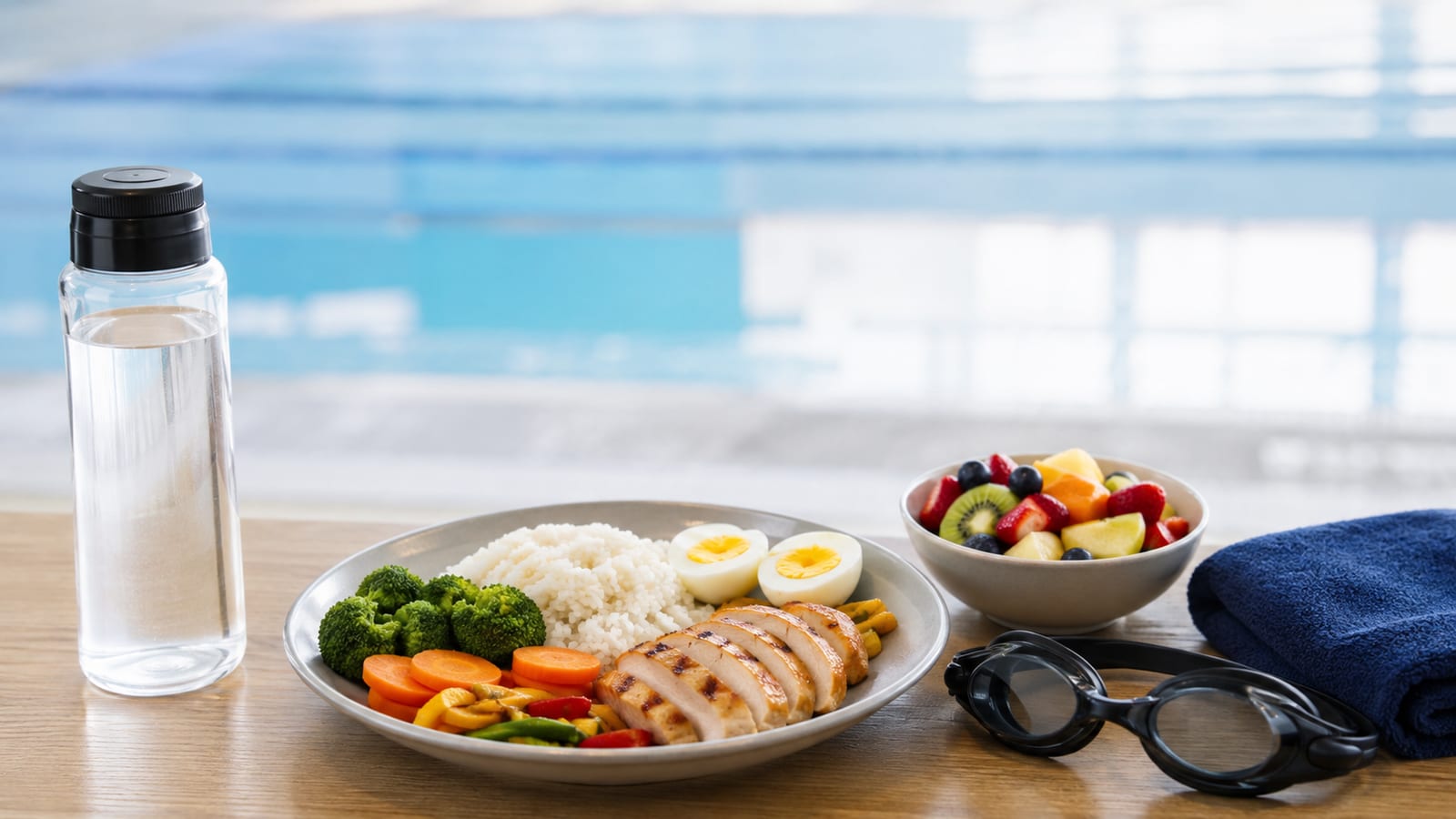 Balanced rice bowl, eggs, fruit, and water beside swimmer’s training gear