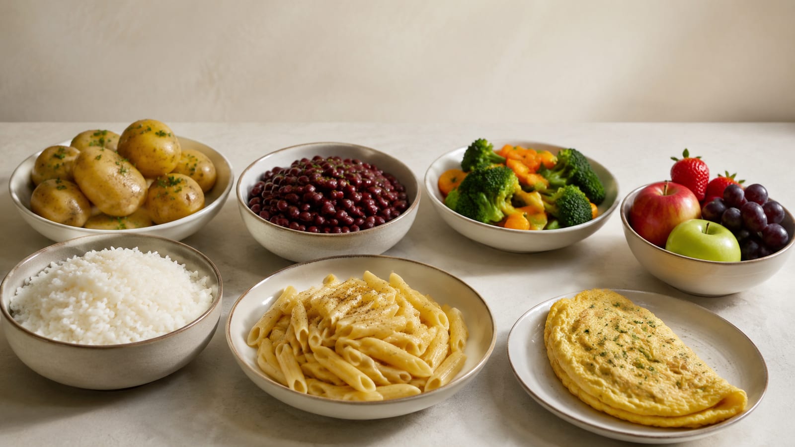 Carbohydrate-rich swimmer meals arranged with potatoes, rice, pasta, eggs, and fruit