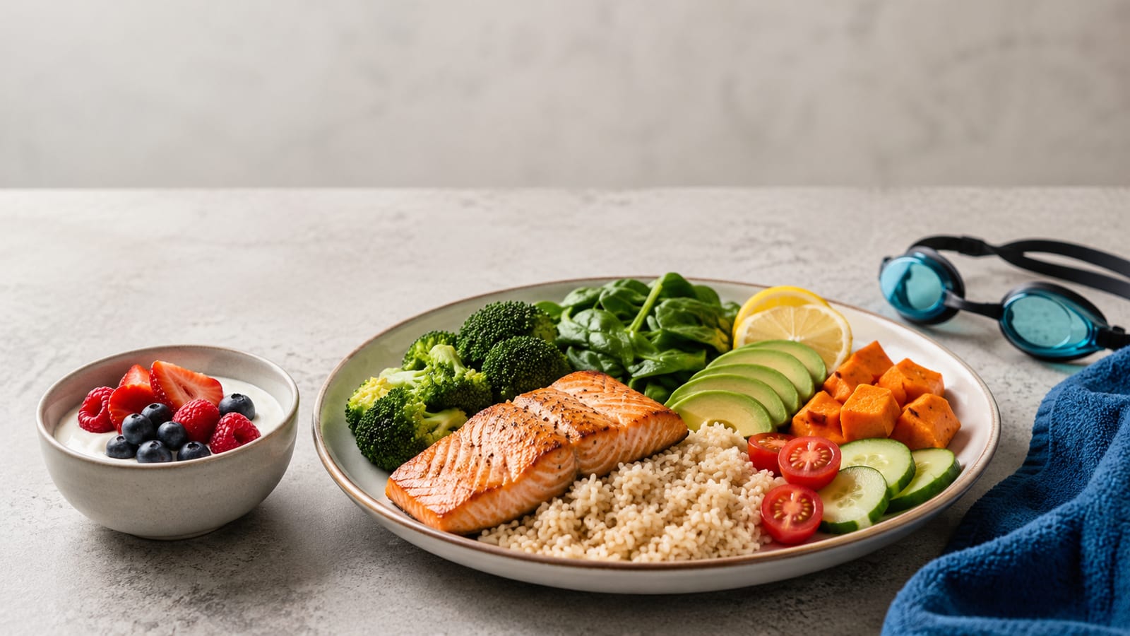High-protein recovery meal with salmon, rice, vegetables, yogurt, and berries