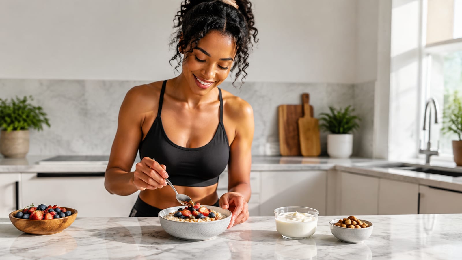 Athlete preparing a balanced energy-boosting breakfast with oats, fruit, yogurt, and nuts
