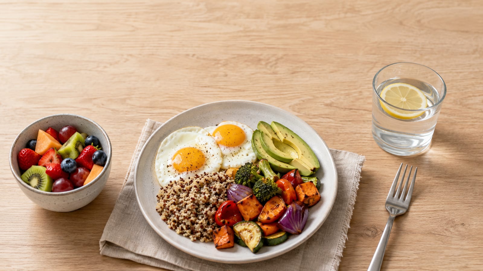 Balanced meal featuring whole grains, eggs, vegetables, avocado, and fresh fruit