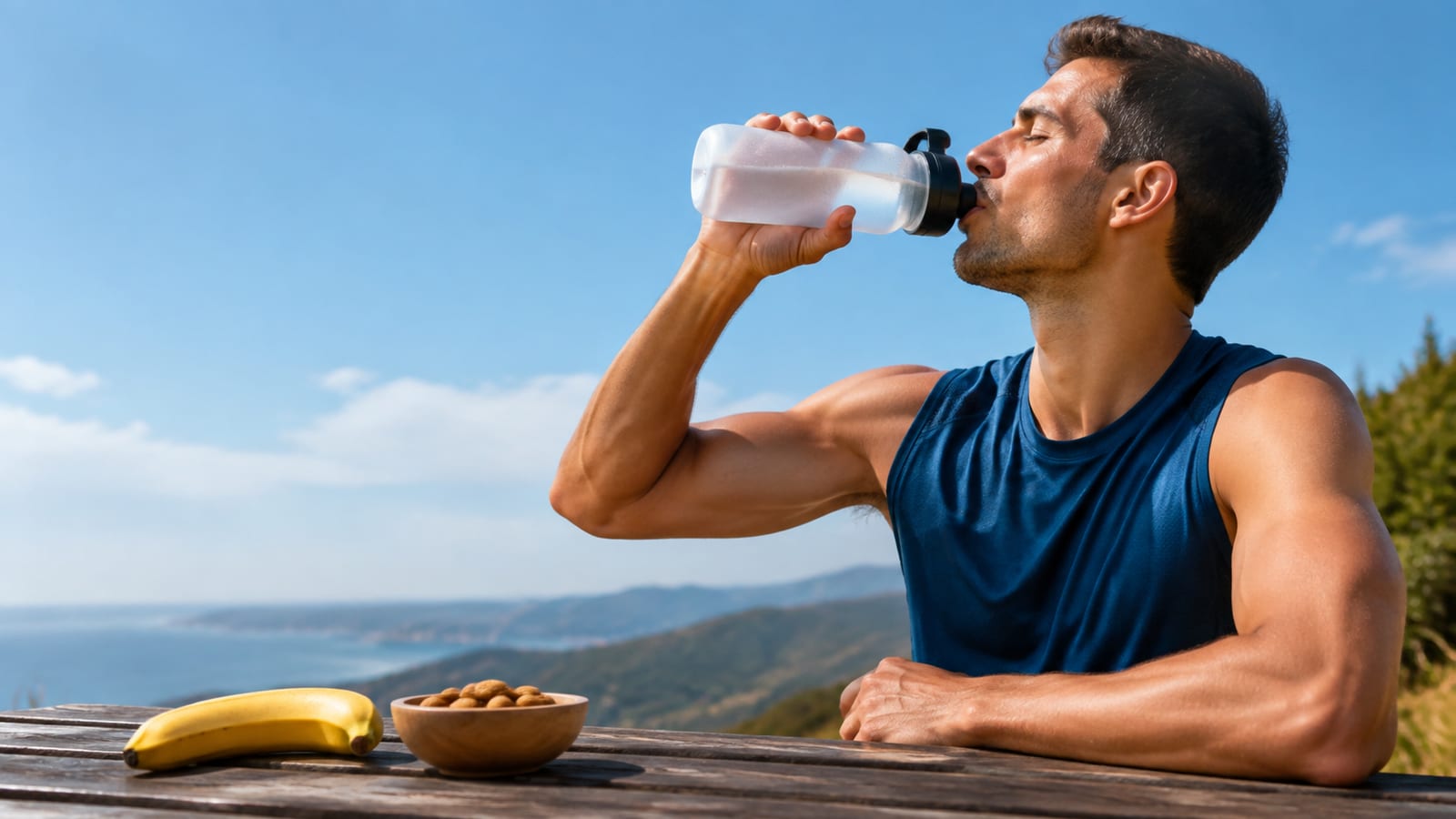 Runner drinking plain water beside a banana and simple recovery snack