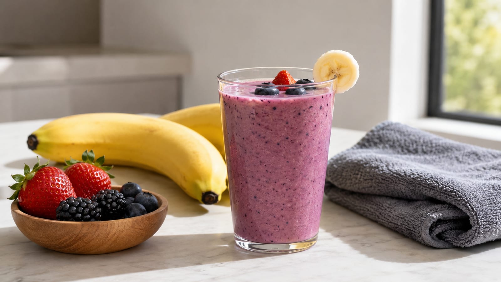 Post-workout berry banana Greek yogurt smoothie beside fresh fruit and gym towel
