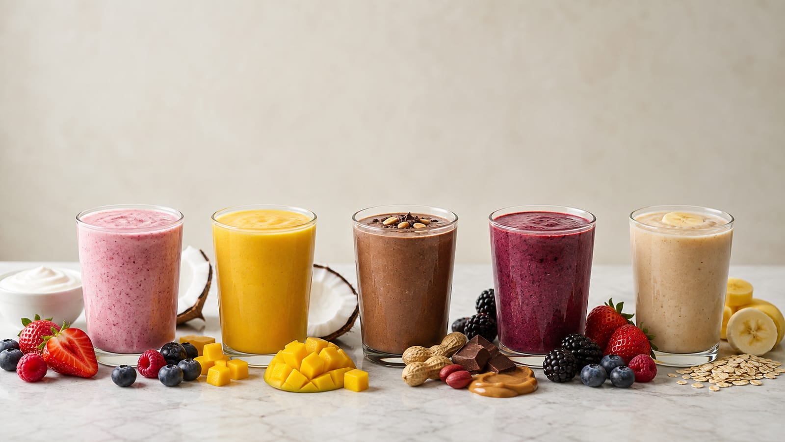 Five colorful recovery smoothies arranged with fresh ingredients after athletic training