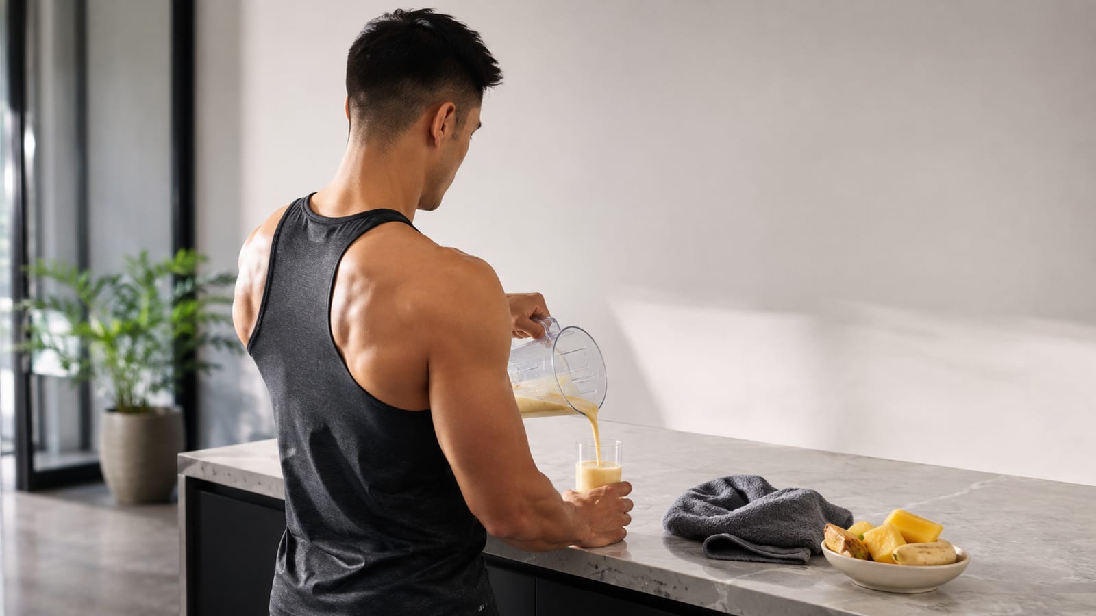 Sweaty athlete refueling with an electrolyte-rich smoothie after demanding exercise