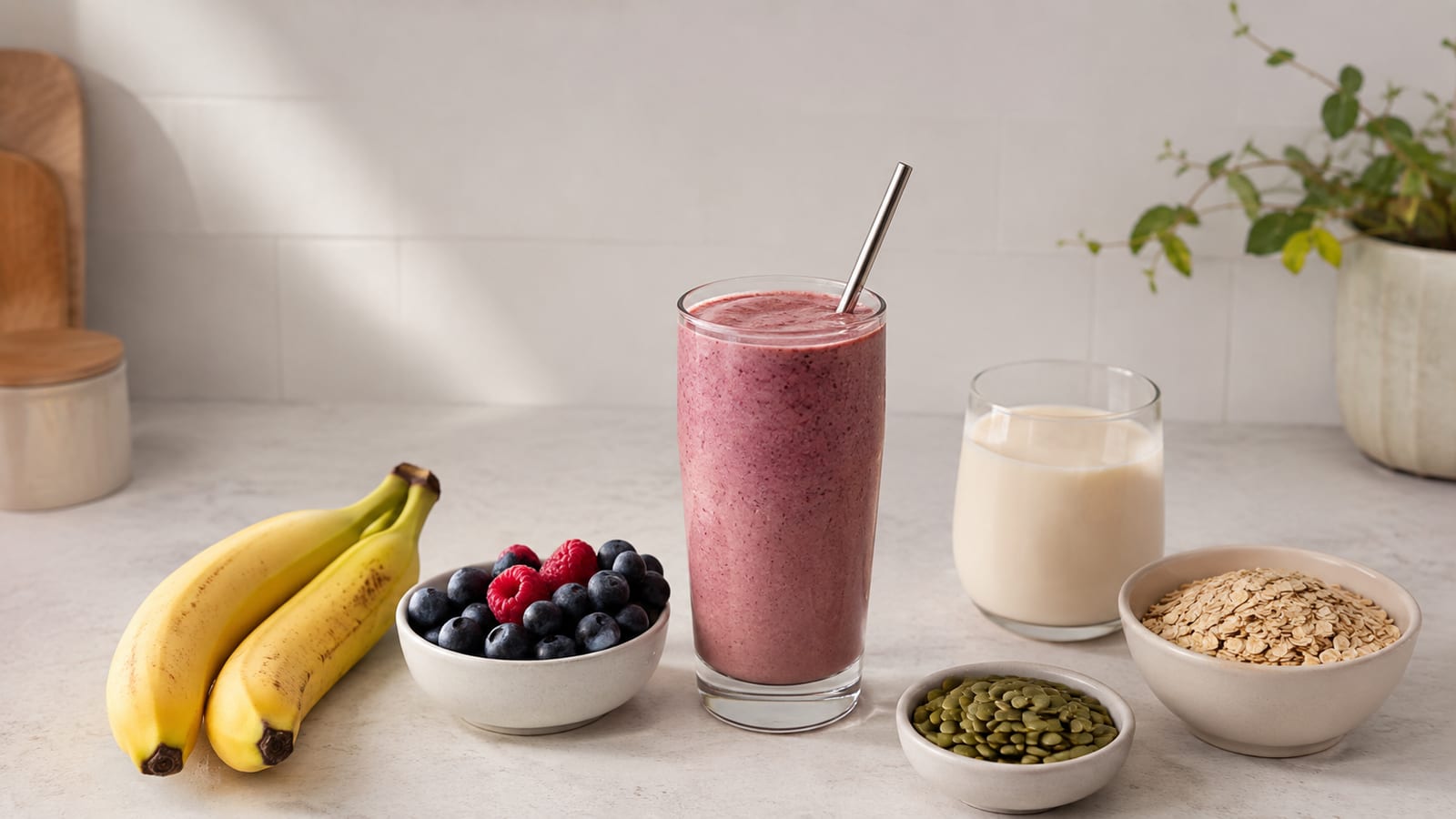 Plant-based recovery smoothie with berries banana soy milk and seeds