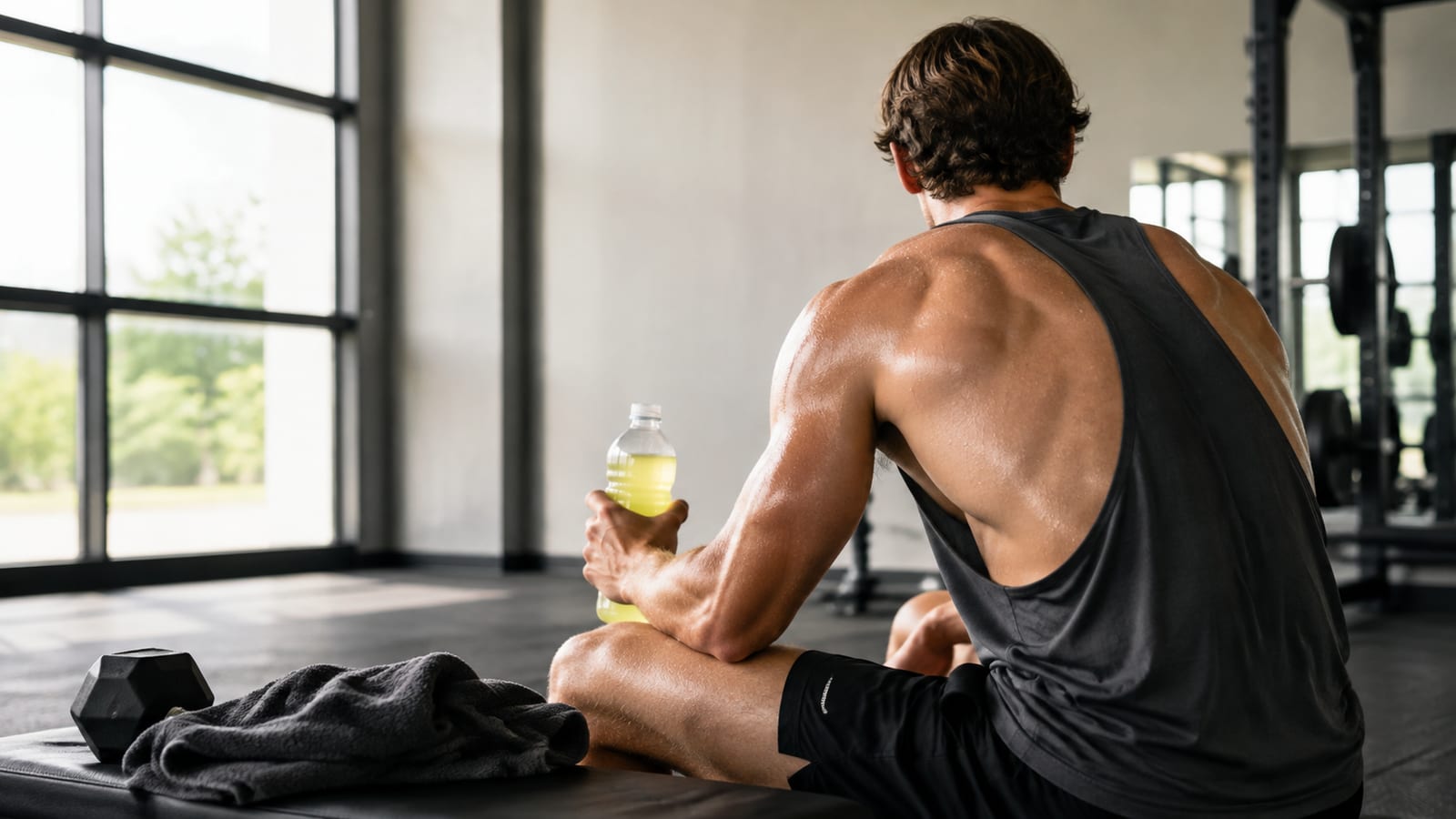 Athlete gripping an unlabeled sports drink bottle beside a towel after intense indoor training