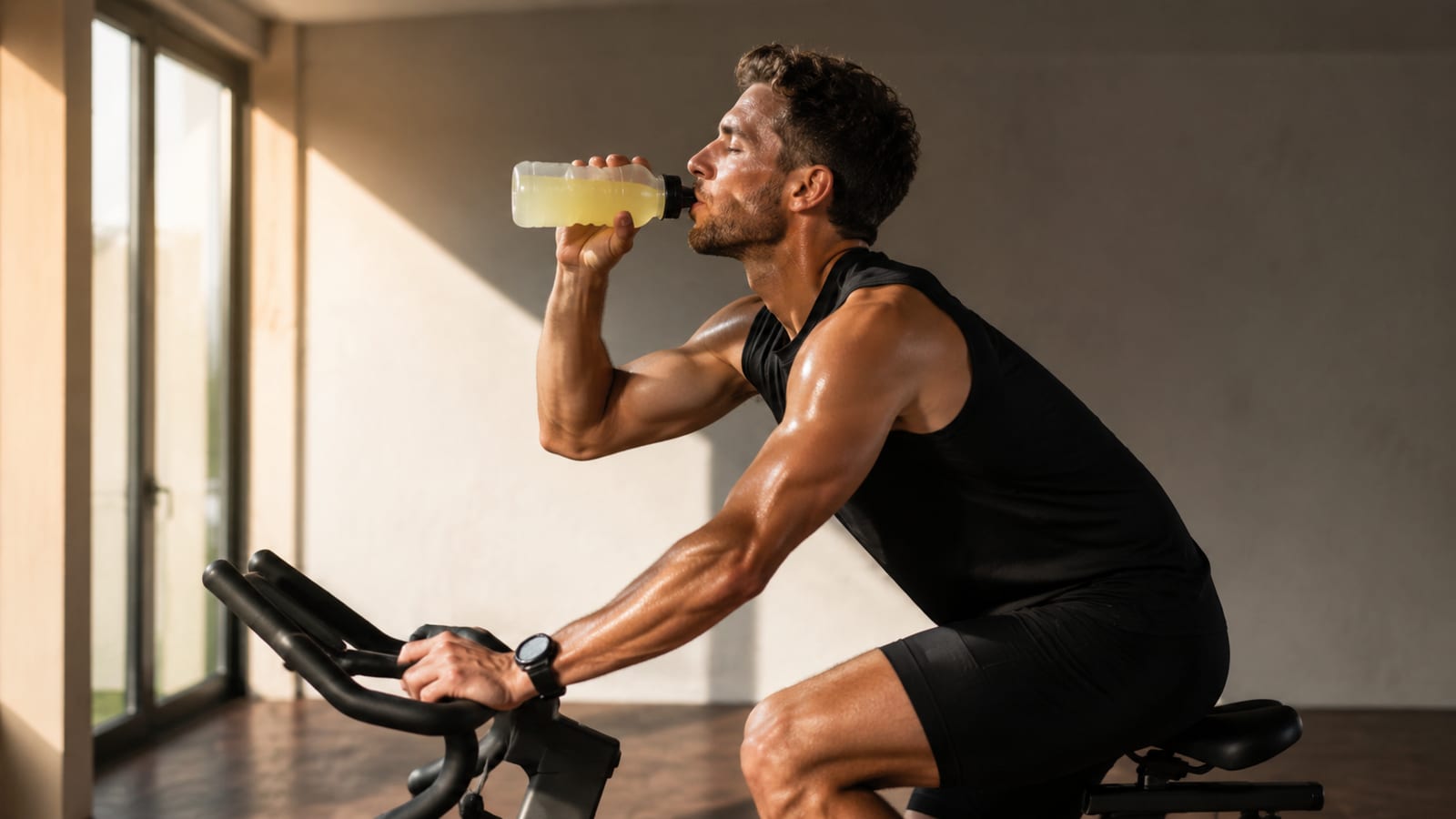 Cyclist drinking from an unlabeled bottle during sustained indoor endurance training