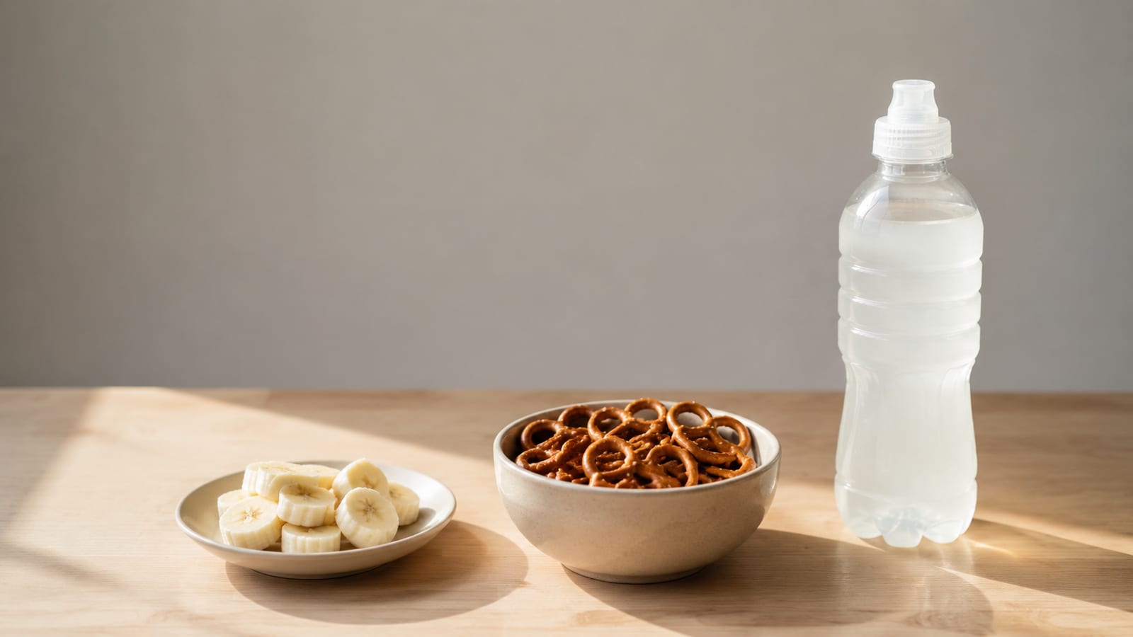 Banana, salted pretzels, and an unlabeled sports drink arranged for workout fueling