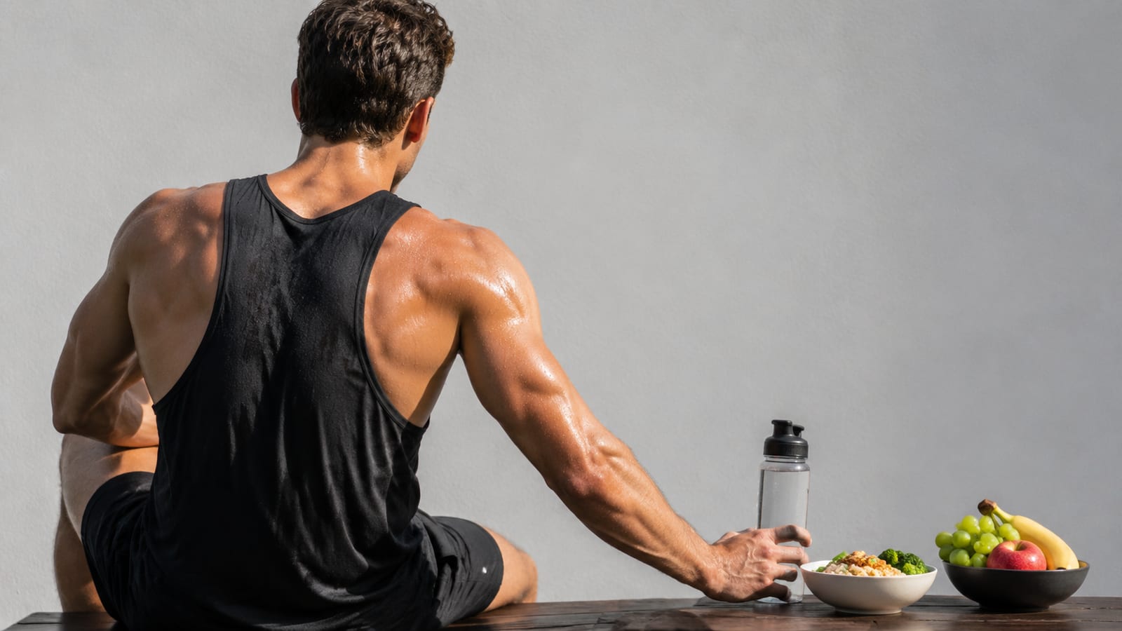 Exhausted athlete rehydrating after training with balanced recovery foods nearby