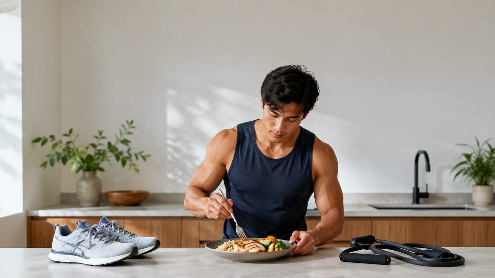 Athlete preparing a protein-rich meal beside training shoes and resistance equipment at home