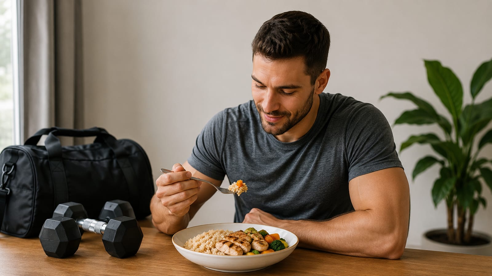 Athlete eating a carbohydrate-rich meal before training beside dumbbells and a gym bag