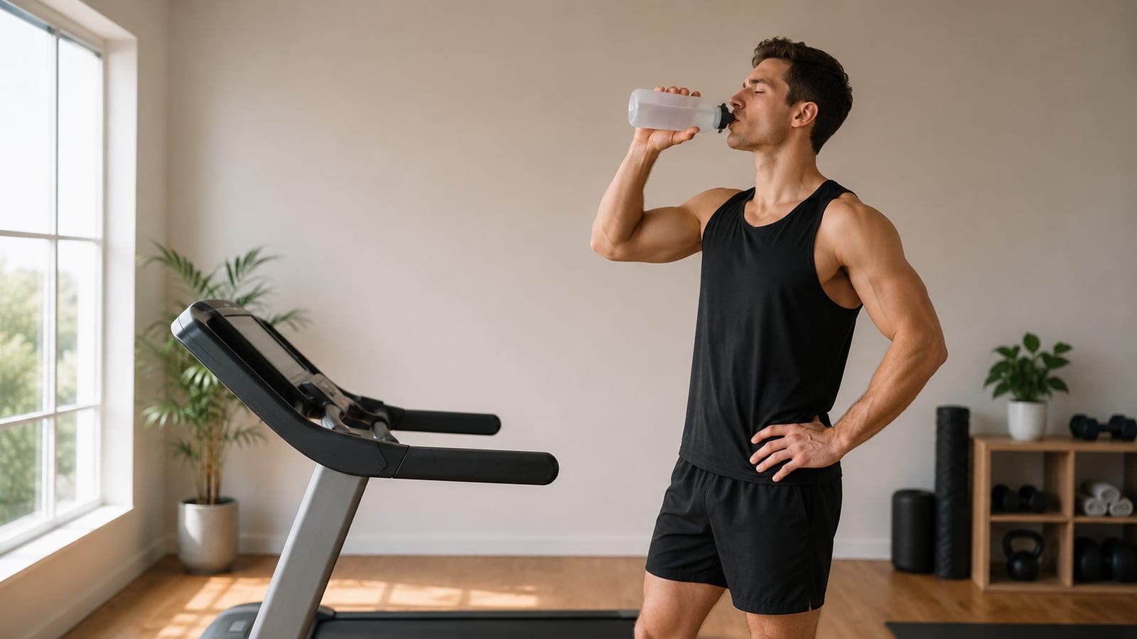 Athlete drinking from a plain unbranded water bottle beside a treadmill during fasting