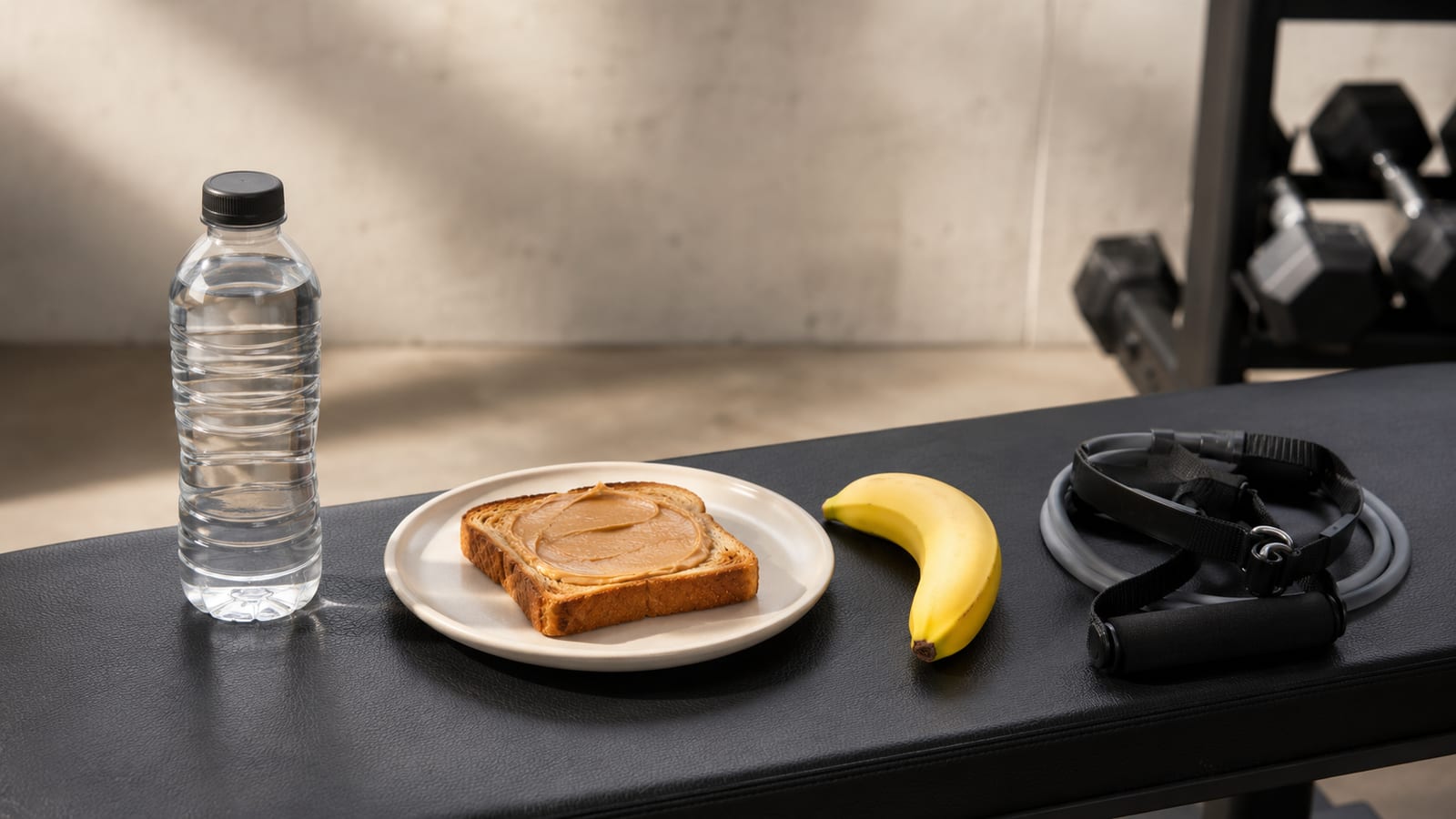 Water bottle and simple pre-workout foods ready beside gym training gear