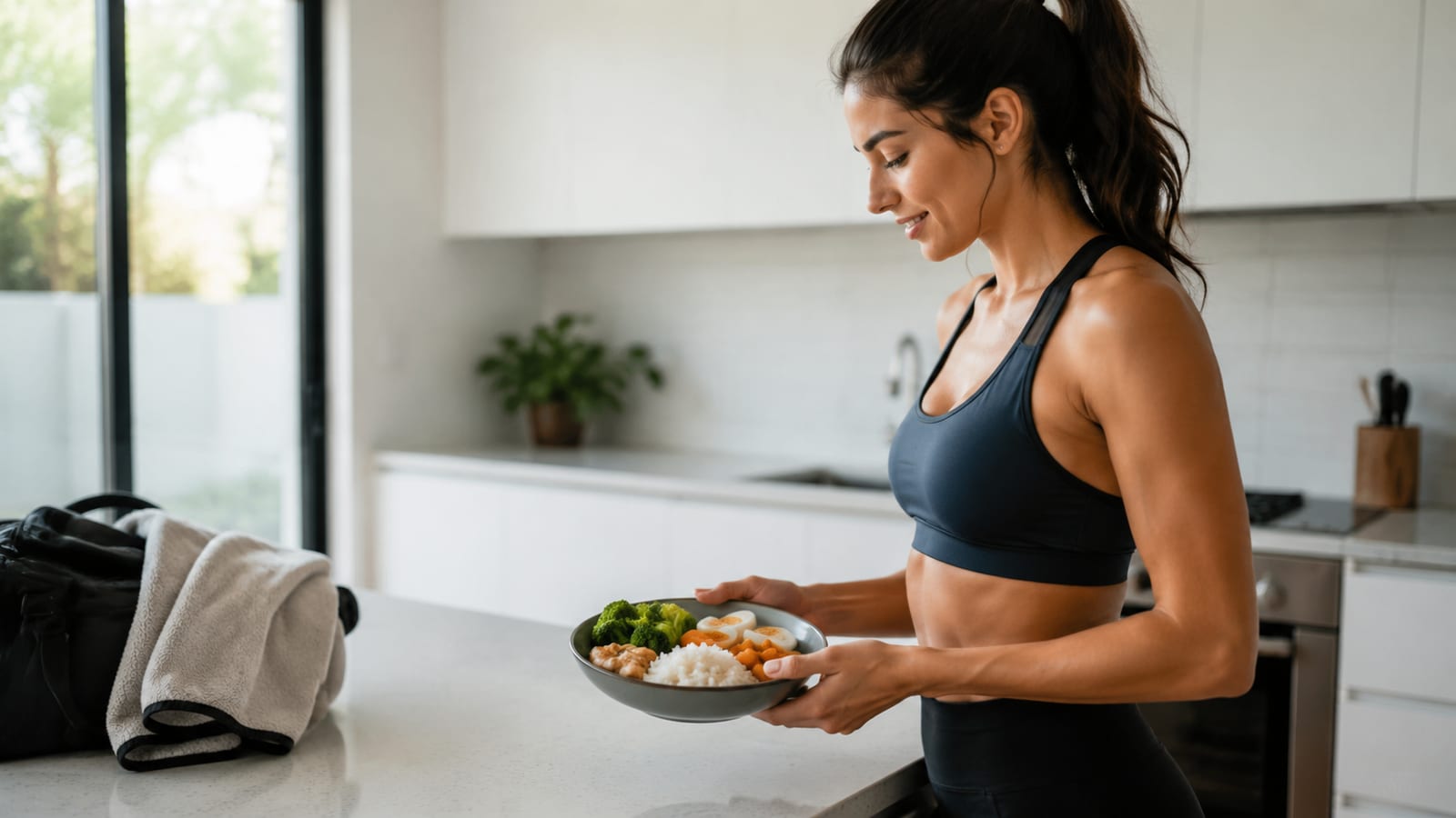 Athlete preparing a balanced rice, vegetables, and eggs meal after training in a bright kitchen