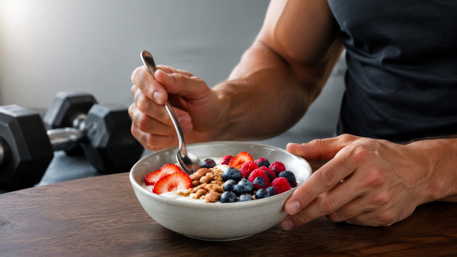 Strength athlete mixing yogurt, berries, and nuts into a protein-rich recovery bowl