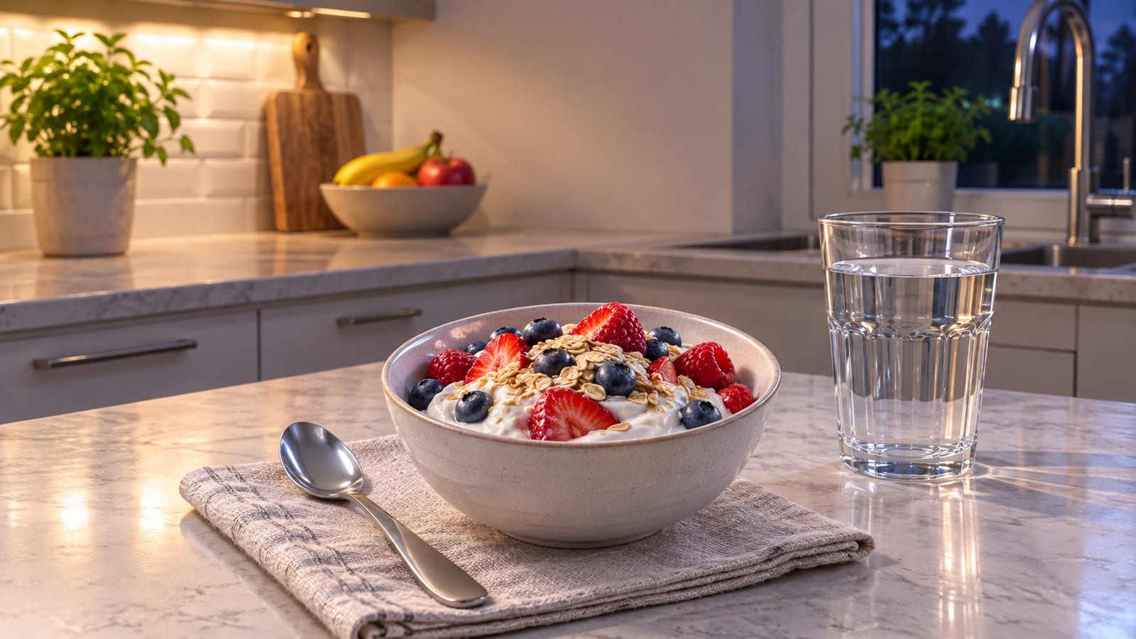 Balanced post-workout bowl with yogurt, berries, oats, and water on a kitchen counter