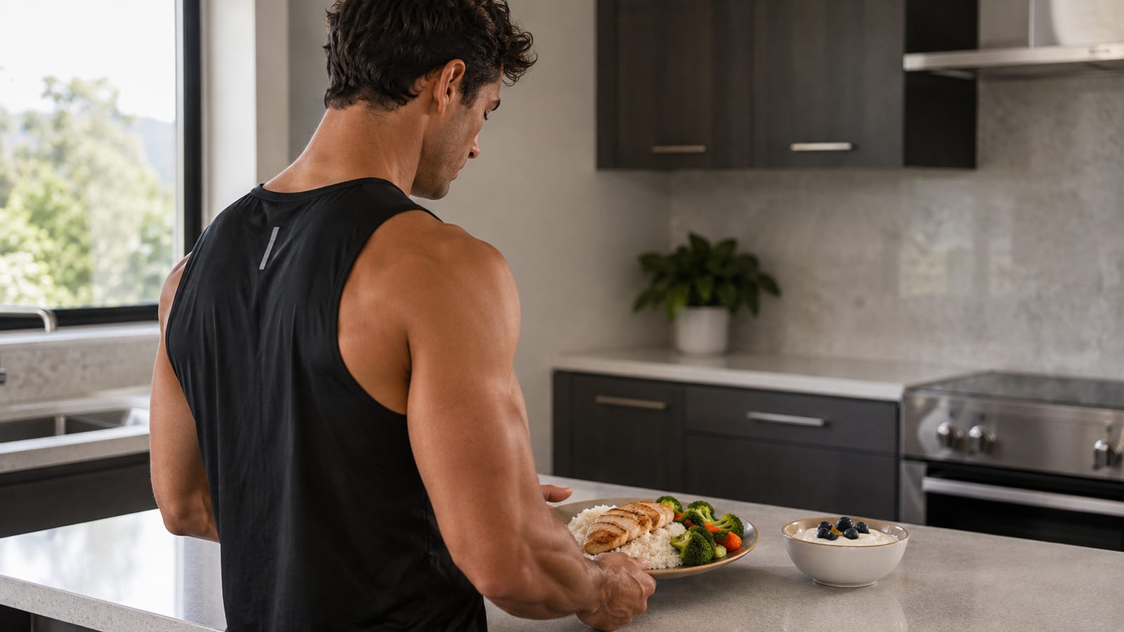 Athlete assembling chicken, rice, vegetables, and yogurt for balanced recovery nutrition