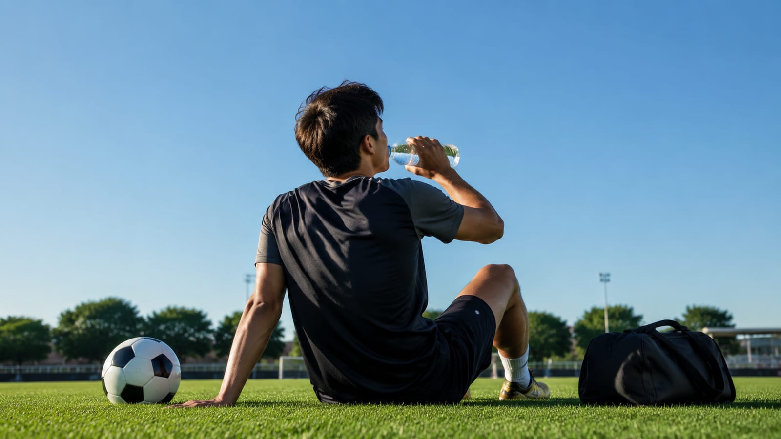 Young athlete drinking water beside sports equipment during outdoor training